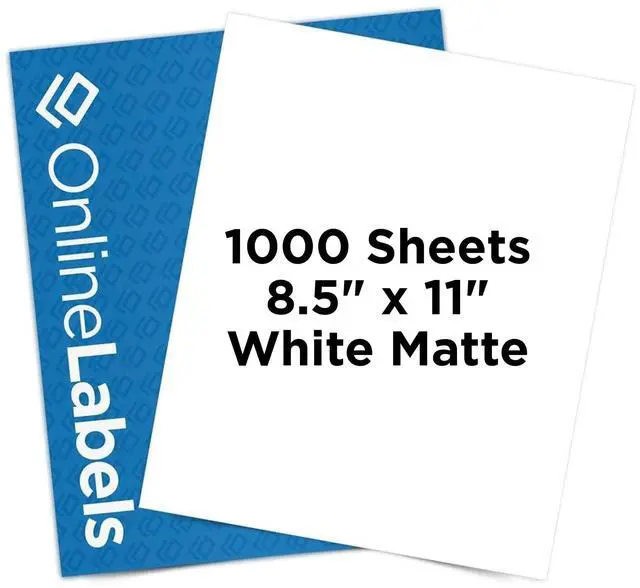 Main image of OnlineLabels 8.5" x 11" Sticker Paper - White Matte - Inkjet/Laser | 1,000 Sheets, Permanent Adhesive, Blank Full Sheet Labels, Inkjet & Laser Compatible, Works With Cricut, Silhouette, & More