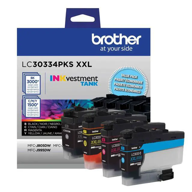 Alt view image 2 of 3 - Genuine LC30334PKS 4-Pack, Super High-Yield INKvestment Tank Ink Cartridges, Includes 1 Cartridge Each of Black, Cyan, Magenta & Yellow, Yield Up to 1,500 Pages/Cartridge, LC3033