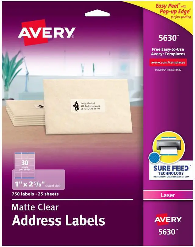 Main image of Matte Clear Address Labels, Sure Feed Technology, Laser, 1" x 2-5/8", 750 Labels, 5 Packs (5630)