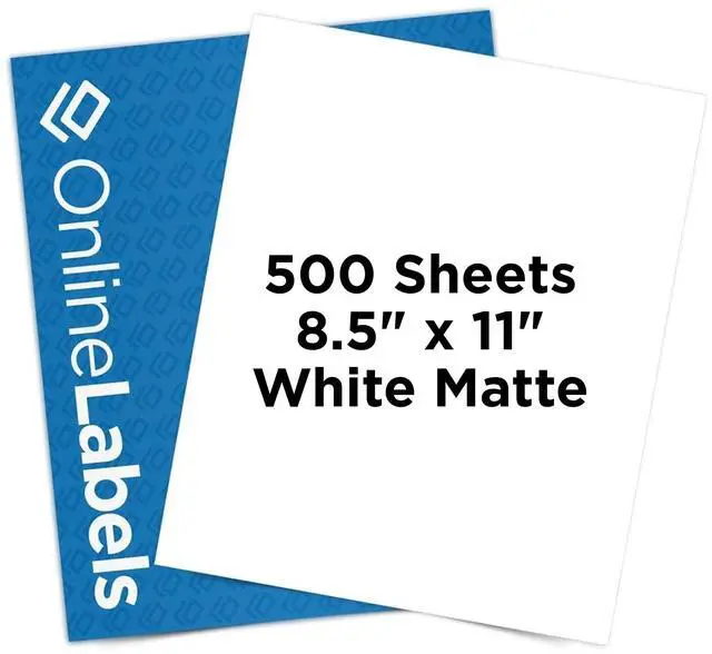 Main image of OnlineLabels 8.5" x 11" Sticker Paper - White Matte - Inkjet/Laser | 500 Sheets, Permanent Adhesive, Blank Full Sheet Labels, Inkjet & Laser Compatible, Works With Cricut, Silhouette, & More