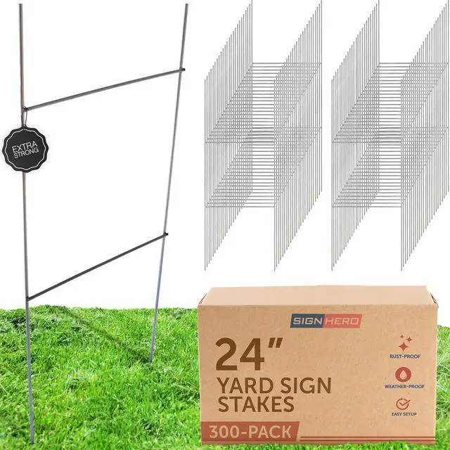 Main image of Yard Sign Stakes 300 Pack Durable 24" Metal H-Stakes for Corrugated Plastic Signs, 9-Gauge Galvanized Wire, Weatherproof & Rust-Resistant
