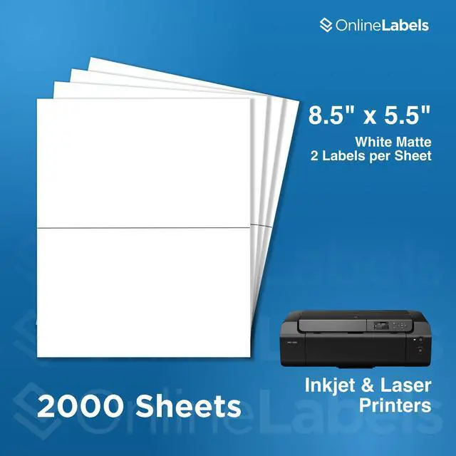 Alt view image 2 of 7 - OnlineLabels 8.5" x 5.5" Half-Sheet Shipping Labels - Matte - 2,000 Sheets | Permanent Adhesive, Blank Rectangle Labels, Inkjet & Laser Compatible, Ideal for FBA, FedEx, USPS, & UPS Shipping