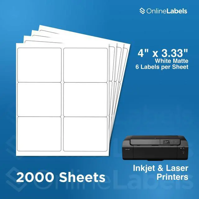 Alt view image 2 of 7 - OnlineLabels 4" x 3.33" Labels - White Matte - Inkjet/Laser - 2,000 Sheets | Permanent Adhesive, Blank Rectangle Labels, Inkjet and Laser Compatible, Ideal for Shipping, Wine Bottles, & Pallets