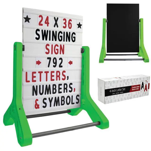 Main image of Swinging Changeable Message Sidewalk Sign: 24" x 36" with 792 Pre-Cut Double Sided Letters and Storage Box. Includes Black Board & Letter Board (Green Color Legs)