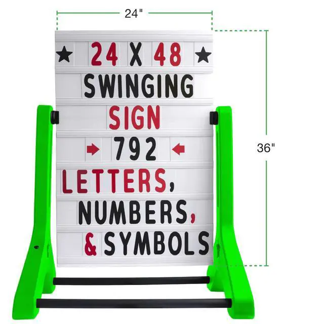 Alt view image 5 of 7 - Swinging Changeable Message Sidewalk Sign: 24" x 36" with 792 Pre-Cut Double Sided Letters and Storage Box. Includes Black Board & Letter Board (Green Color Legs)