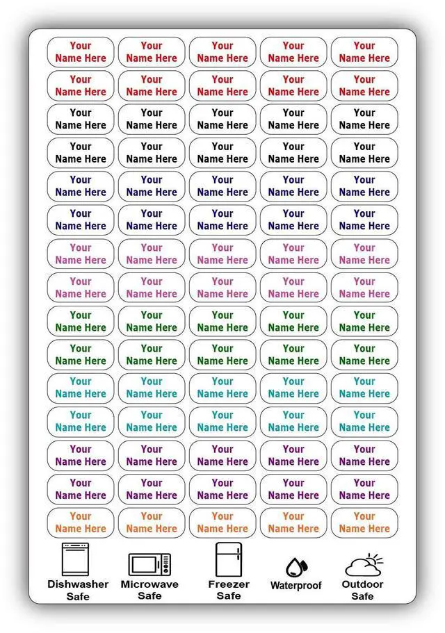 Main image of 75 Personalized Waterproof Name Labels. Press and Stick Multi use Custom Name Labels. Customized 2 Lines of Text and Color. ID Identification Name Stickers with Permanent Self Adhesive