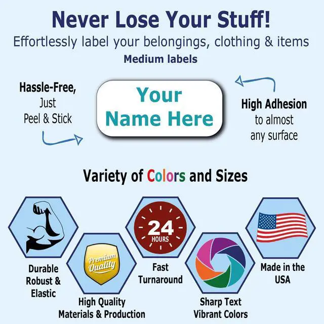 Alt view image 2 of 5 - 75 Personalized Waterproof Name Labels. Press and Stick Multi use Custom Name Labels. Customized 2 Lines of Text and Color. ID Identification Name Stickers with Permanent Self Adhesive
