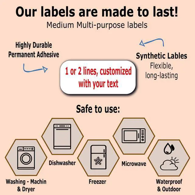 Alt view image 3 of 5 - 75 Personalized Waterproof Name Labels. Press and Stick Multi use Custom Name Labels. Customized 2 Lines of Text and Color. ID Identification Name Stickers with Permanent Self Adhesive
