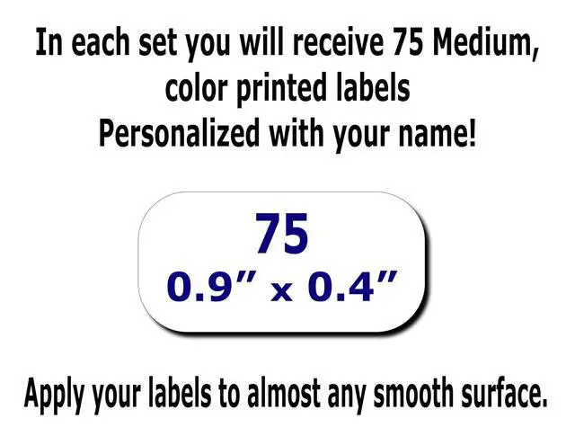 Alt view image 4 of 5 - 75 Personalized Waterproof Name Labels. Press and Stick Multi use Custom Name Labels. Customized 2 Lines of Text and Color. ID Identification Name Stickers with Permanent Self Adhesive