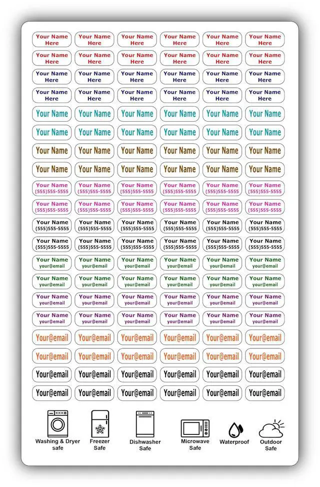 Main image of 120 Small Personalized Waterproof Name Labels. Press and Stick Multi use Custom Mini Name Labels. Customized 2 Lines of Text and Color. Tiny Name Stickers with Permanent Self Adhesive