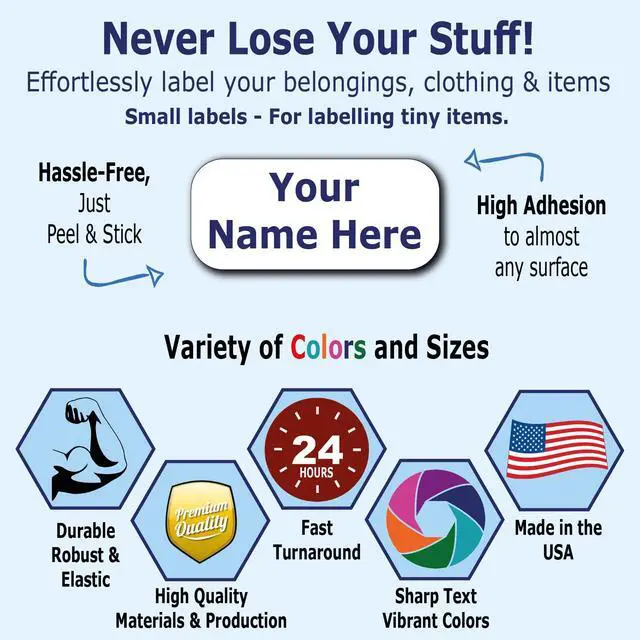 Alt view image 2 of 5 - 120 Small Personalized Waterproof Name Labels. Press and Stick Multi use Custom Mini Name Labels. Customized 2 Lines of Text and Color. Tiny Name Stickers with Permanent Self Adhesive