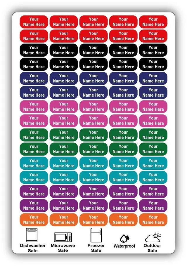 Main image of 75 Personalized Waterproof Name Labels. Press and Stick Multi use Custom Name Labels. Customized 2 Lines of Text and Color. ID Identification Name Stickers with Permanent Self Adhesive