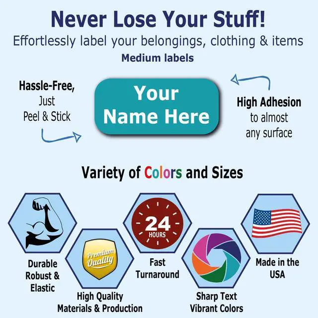 Alt view image 2 of 5 - 75 Personalized Waterproof Name Labels. Press and Stick Multi use Custom Name Labels. Customized 2 Lines of Text and Color. ID Identification Name Stickers with Permanent Self Adhesive