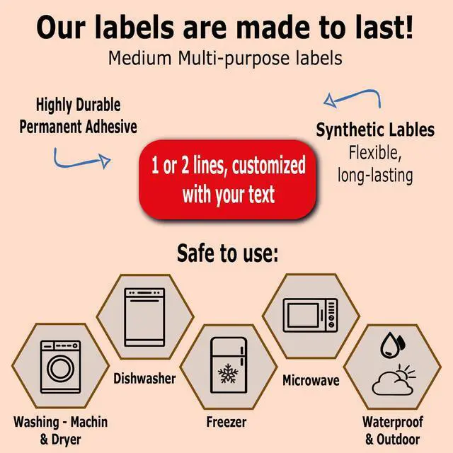 Alt view image 3 of 5 - 75 Personalized Waterproof Name Labels. Press and Stick Multi use Custom Name Labels. Customized 2 Lines of Text and Color. ID Identification Name Stickers with Permanent Self Adhesive