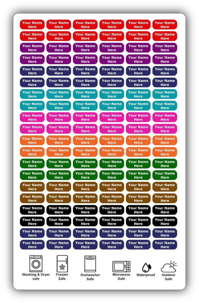 Main image of 120 Small Personalized Waterproof Name Labels. Press and Stick Multi use Custom Mini Name Labels. Customized 2 Lines of Text and Color. Tiny Name Stickers with Permanent Self Adhesive