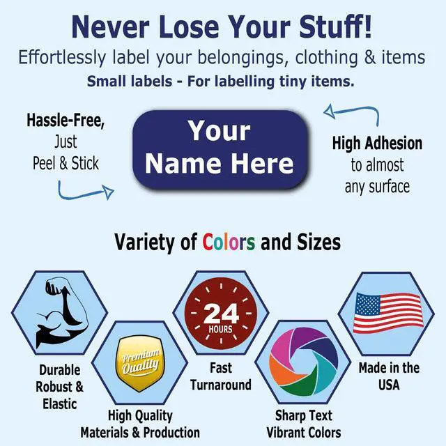 Alt view image 2 of 5 - 120 Small Personalized Waterproof Name Labels. Press and Stick Multi use Custom Mini Name Labels. Customized 2 Lines of Text and Color. Tiny Name Stickers with Permanent Self Adhesive