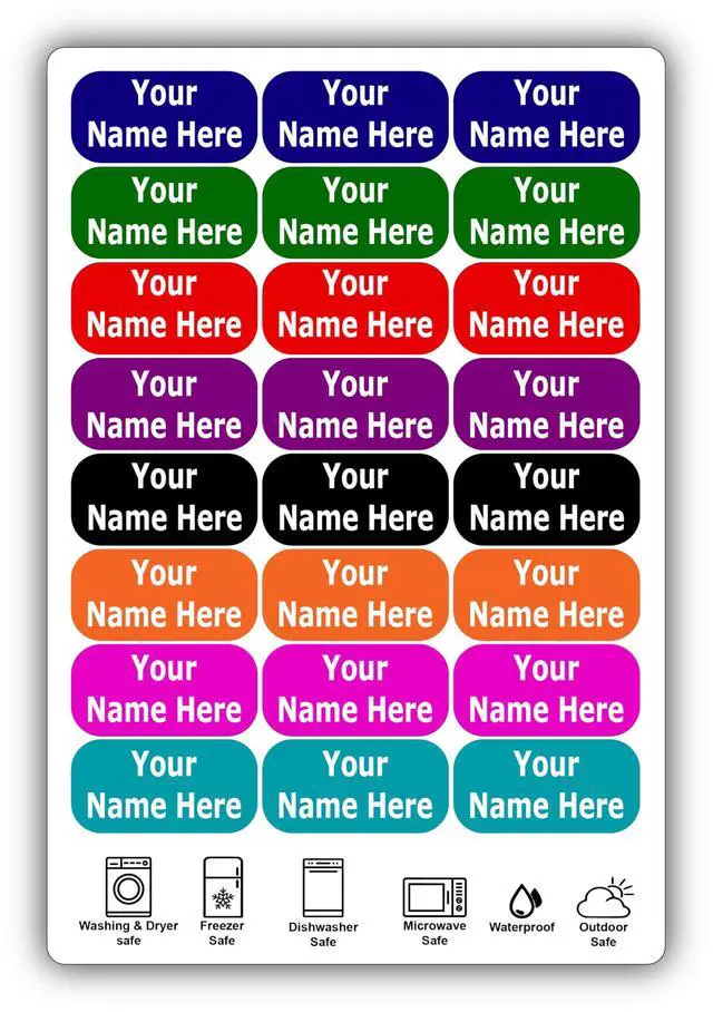 Main image of 24 Large Personalized Waterproof Name Labels. Press and Stick Multi use Custom Name Labels. Customized 2 Lines of Text and Color. ID Identification Name Stickers with Permanent Self Adhesive