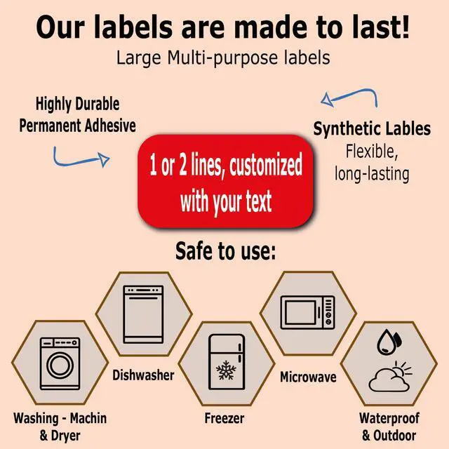 Alt view image 3 of 5 - 24 Large Personalized Waterproof Name Labels. Press and Stick Multi use Custom Name Labels. Customized 2 Lines of Text and Color. ID Identification Name Stickers with Permanent Self Adhesive