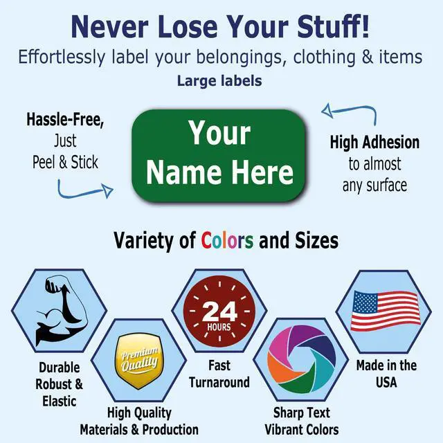 Alt view image 2 of 5 - 24 Large Personalized Waterproof Name Labels. Press and Stick Multi use Custom Name Labels. Customized 2 Lines of Text and Color. ID Identification Name Stickers with Permanent Self Adhesive