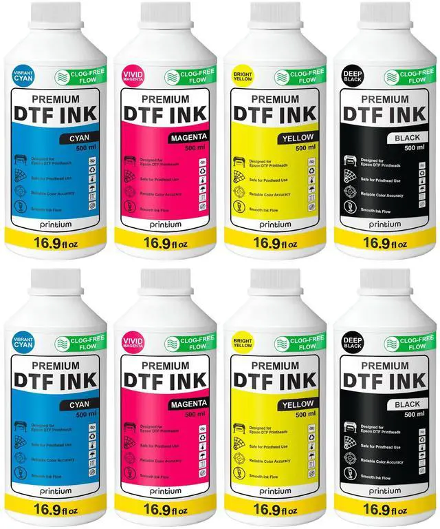 Main image of DTF Ink 8 x 16.9 fl oz (500ml) | CMYK - 2 Sets | High Opacity Clog-Free | Compatible with ET8550 L1800 XP600 I3200 4720 XP15000 & All Printheads | Reliable Color & Smooth Ink