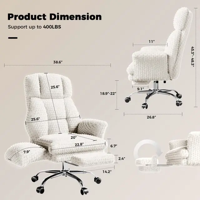 Alt view image 2 of 7 - Big and Tall Office Chair, Flip Armrests for Pets & Cross Legged Sitting | Executive Ergonomic Computer Gaming Chair with Foot Rest, White Rose Velvet Wide Seat Reclining Desk Chair