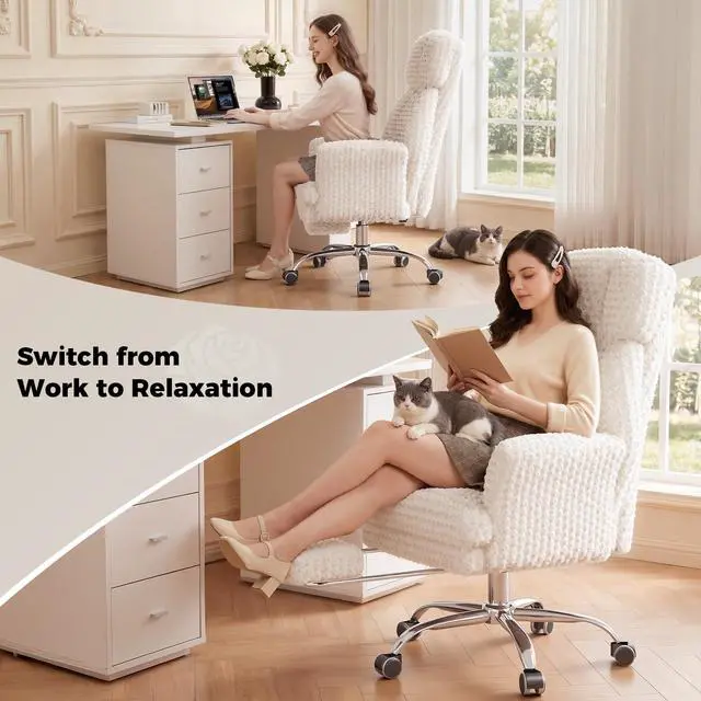 Alt view image 3 of 7 - Big and Tall Office Chair, Flip Armrests for Pets & Cross Legged Sitting | Executive Ergonomic Computer Gaming Chair with Foot Rest, White Rose Velvet Wide Seat Reclining Desk Chair