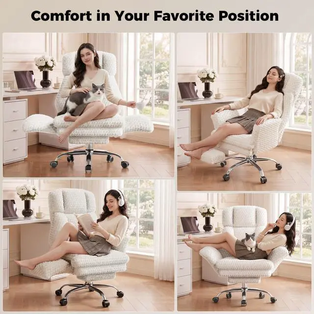 Alt view image 4 of 7 - Big and Tall Office Chair, Flip Armrests for Pets & Cross Legged Sitting | Executive Ergonomic Computer Gaming Chair with Foot Rest, White Rose Velvet Wide Seat Reclining Desk Chair