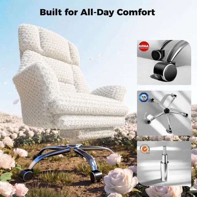 Alt view image 6 of 7 - Big and Tall Office Chair, Flip Armrests for Pets & Cross Legged Sitting | Executive Ergonomic Computer Gaming Chair with Foot Rest, White Rose Velvet Wide Seat Reclining Desk Chair