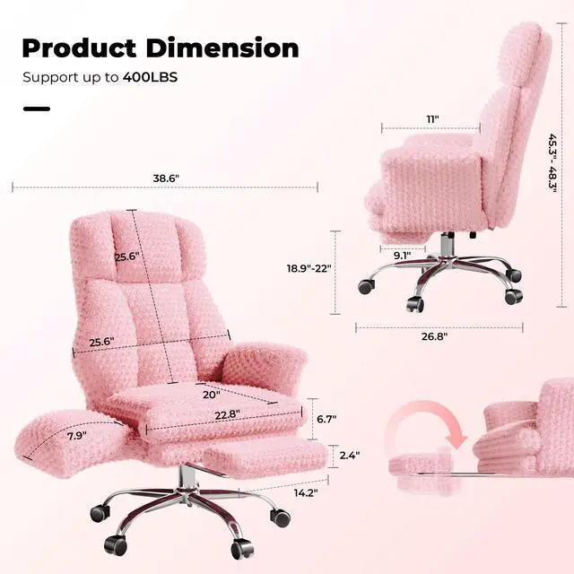 Alt view image 2 of 7 - Big and Tall Office Chair, Flip Armrests for Pets & Cross Legged Sitting | Executive Ergonomic Computer Gaming Chair with Foot Rest, Rose Velvet Pink Wide Seat Reclining Desk Chair