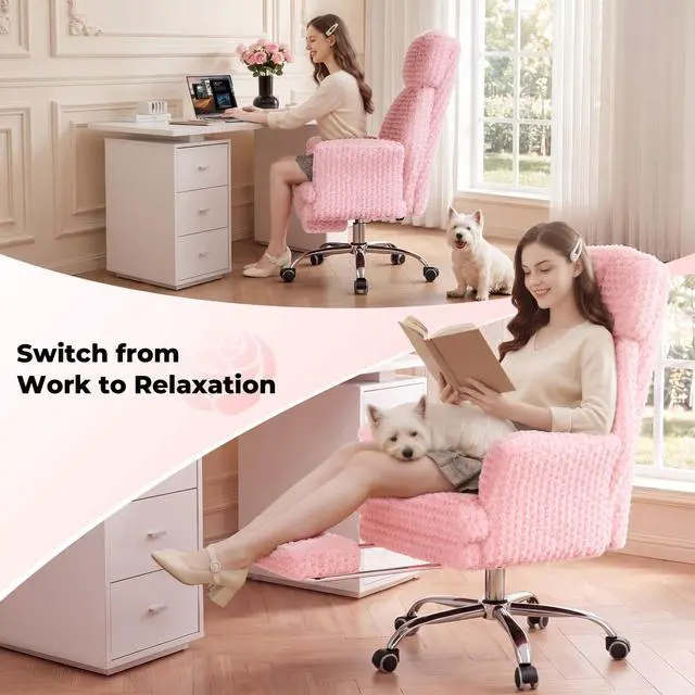Alt view image 3 of 7 - Big and Tall Office Chair, Flip Armrests for Pets & Cross Legged Sitting | Executive Ergonomic Computer Gaming Chair with Foot Rest, Rose Velvet Pink Wide Seat Reclining Desk Chair