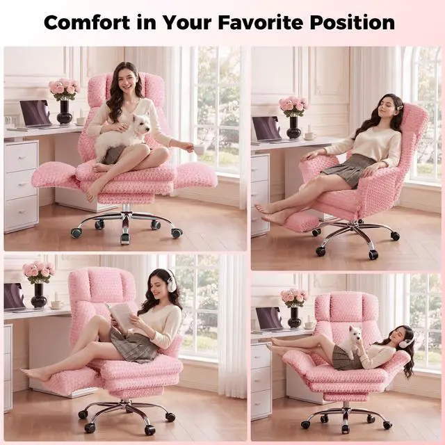 Alt view image 4 of 7 - Big and Tall Office Chair, Flip Armrests for Pets & Cross Legged Sitting | Executive Ergonomic Computer Gaming Chair with Foot Rest, Rose Velvet Pink Wide Seat Reclining Desk Chair