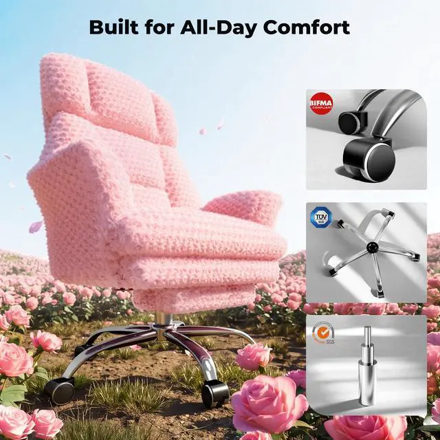 Alt view image 6 of 7 - Big and Tall Office Chair, Flip Armrests for Pets & Cross Legged Sitting | Executive Ergonomic Computer Gaming Chair with Foot Rest, Rose Velvet Pink Wide Seat Reclining Desk Chair