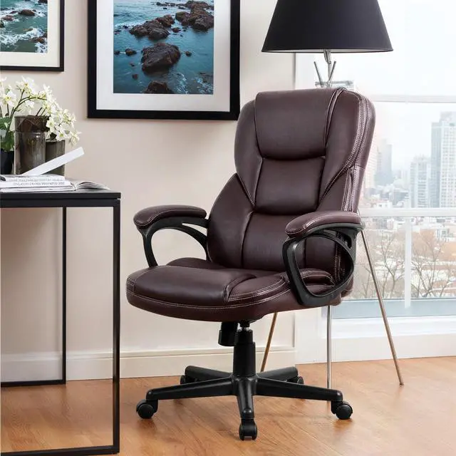 Alt view image 2 of 7 - Office Executive Chair High Back Adjustable Managerial Home Desk Chair, Swivel Computer PU Leather Chair with Lumbar Support (2, Brown)