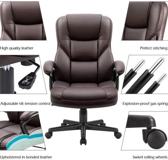 Alt view image 5 of 7 - Office Executive Chair High Back Adjustable Managerial Home Desk Chair, Swivel Computer PU Leather Chair with Lumbar Support (2, Brown)
