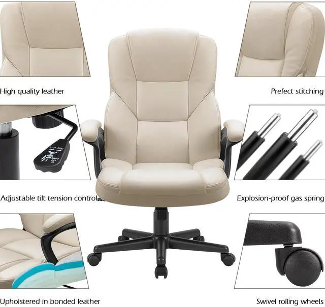Alt view image 5 of 7 - Office Executive Chair High Back Adjustable Managerial Home Desk Chair, Swivel Computer PU Leather Chair with Lumbar Support (2, Beige)