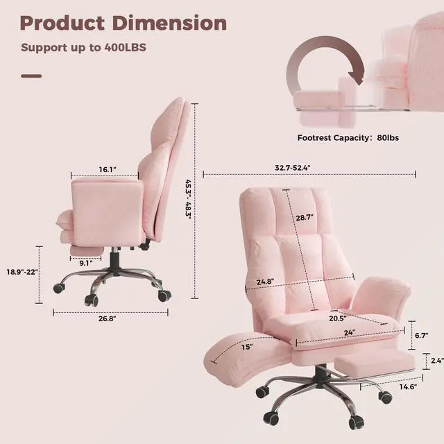Alt view image 2 of 7 - Big and Tall Office Chair, Flip Armrests for Pets & Cross Legged Sitting | Executive Ergonomic Computer Gaming Chair with Foot Rest, Teddy Fleece Wide Seat Reclining Desk Chair, Pink