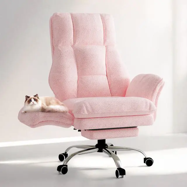 Main image of Big and Tall Office Chair, Flip Armrests for Pets & Cross Legged Sitting | Executive Ergonomic Computer Gaming Chair with Foot Rest, Teddy Fleece Wide Seat Reclining Desk Chair, Pink