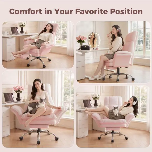Alt view image 4 of 7 - Big and Tall Office Chair, Flip Armrests for Pets & Cross Legged Sitting | Executive Ergonomic Computer Gaming Chair with Foot Rest, Teddy Fleece Wide Seat Reclining Desk Chair, Pink