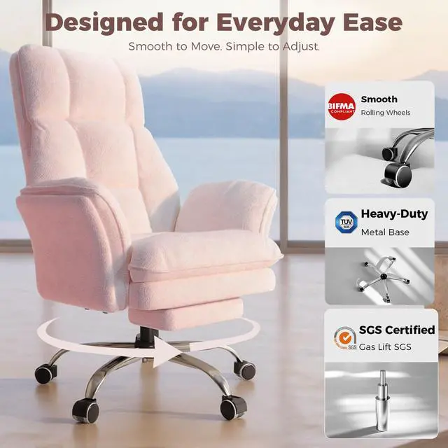 Alt view image 5 of 7 - Big and Tall Office Chair, Flip Armrests for Pets & Cross Legged Sitting | Executive Ergonomic Computer Gaming Chair with Foot Rest, Teddy Fleece Wide Seat Reclining Desk Chair, Pink