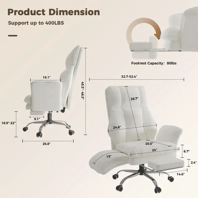 Alt view image 2 of 7 - Big and Tall Office Chair, Flip Armrests for Pets & Cross Legged Sitting | Executive Ergonomic Computer Gaming Chair with Foot Rest, Teddy Fleece Wide Seat Reclining Desk Chair, White Vanity Chair