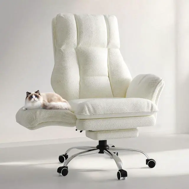 Main image of Big and Tall Office Chair, Flip Armrests for Pets & Cross Legged Sitting | Executive Ergonomic Computer Gaming Chair with Foot Rest, Teddy Fleece Wide Seat Reclining Desk Chair, White Vanity Chair