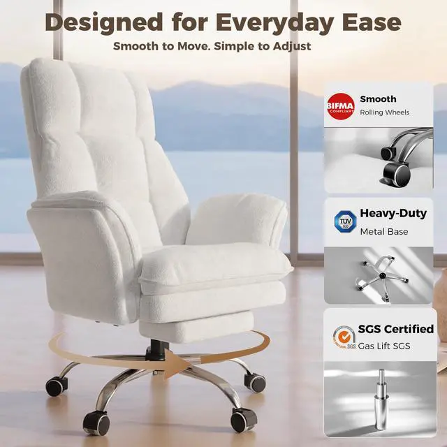 Alt view image 5 of 7 - Big and Tall Office Chair, Flip Armrests for Pets & Cross Legged Sitting | Executive Ergonomic Computer Gaming Chair with Foot Rest, Teddy Fleece Wide Seat Reclining Desk Chair, White Vanity Chair