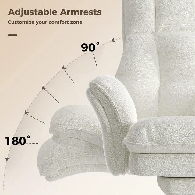 Alt view image 7 of 7 - Big and Tall Office Chair, Flip Armrests for Pets & Cross Legged Sitting | Executive Ergonomic Computer Gaming Chair with Foot Rest, Teddy Fleece Wide Seat Reclining Desk Chair, White Vanity Chair