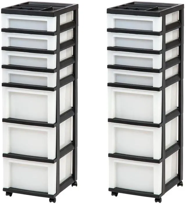 Main image of 2 Pack 7-Drawer Plastic Storage Rolling Organizer Cart with Caster Wheels for Laundry Room, Bathroom, or Closet Dresser Storage, Black/Clear