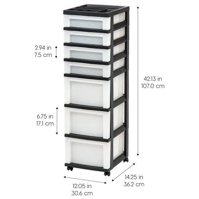 Alt view image 3 of 7 - 2 Pack 7-Drawer Plastic Storage Rolling Organizer Cart with Caster Wheels for Laundry Room, Bathroom, or Closet Dresser Storage, Black/Clear