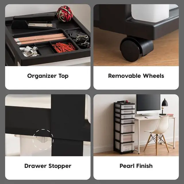 Alt view image 4 of 7 - 2 Pack 7-Drawer Plastic Storage Rolling Organizer Cart with Caster Wheels for Laundry Room, Bathroom, or Closet Dresser Storage, Black/Clear