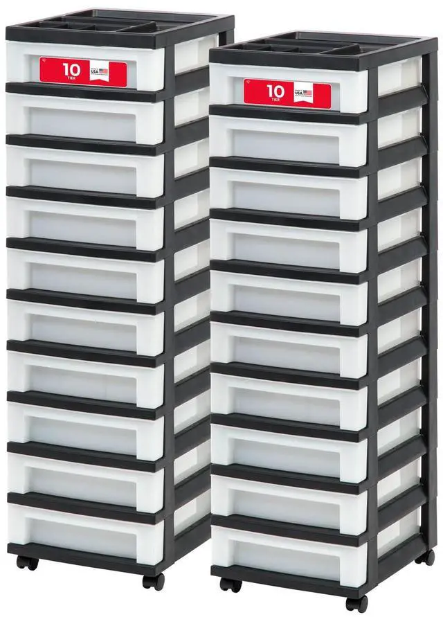 Main image of Plastic Drawer Storage Organizer Rolling Cart, 2-Pack, with Wheels Casters, 10-Drawers, for Classroom Art Craft Supplies Dresser Closet Bathroom Laundry Room, Black/Pearl