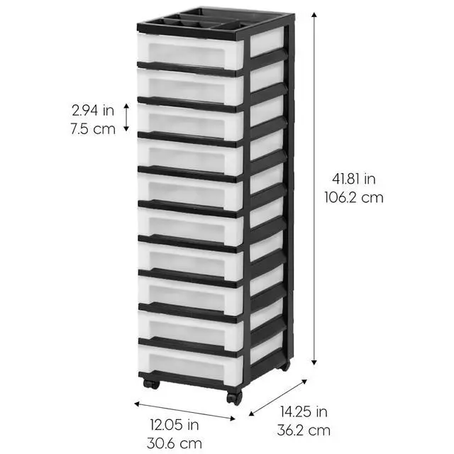 Alt view image 3 of 4 - Plastic Drawer Storage Organizer Rolling Cart, 2-Pack, with Wheels Casters, 10-Drawers, for Classroom Art Craft Supplies Dresser Closet Bathroom Laundry Room, Black/Pearl