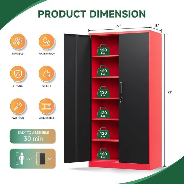 Alt view image 3 of 7 - Metal Garage Storage Cabinets with Lock, 72" Tall Locker Organizer Steel Tool Cabinets,5 Adjustable Shelves 2 Doors for Home Office, Warehouse,Garage,Industrial,Employee (Black Red)