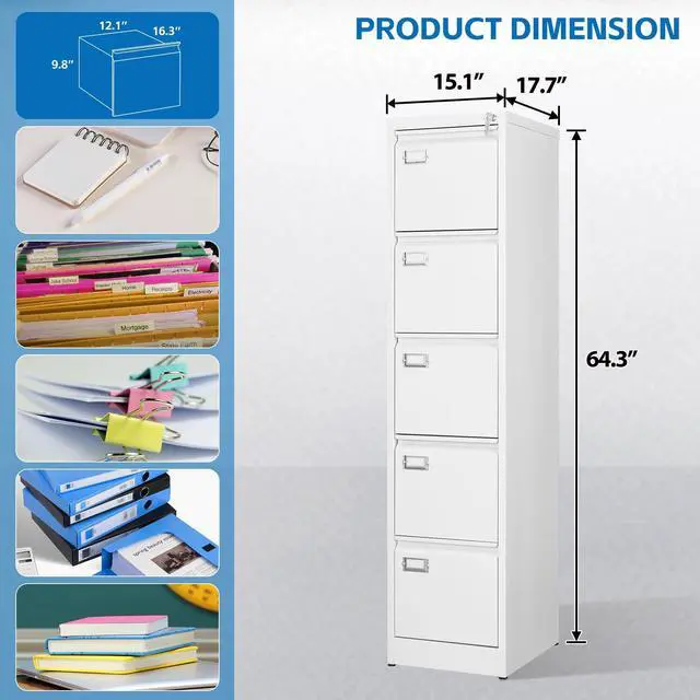 Alt view image 3 of 7 - 5 Drawer File Cabinet with Lock Metal Vertical File Cabinet Office Home Vertical File Cabinet for A4 Legal/Letter Size Narrow File Cabinet Locked,Assembly Required